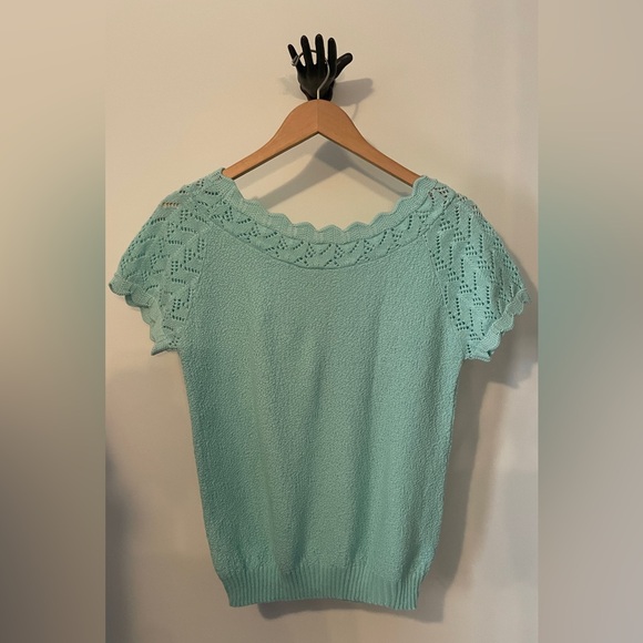M Scalloped edge short sleeve knit sweater top 80’s teal, near perfect condition - Picture 3 of 6